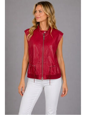 Worth New York Red Leather Moto Vest High Neck Cinch Waist Zip Front Size 12